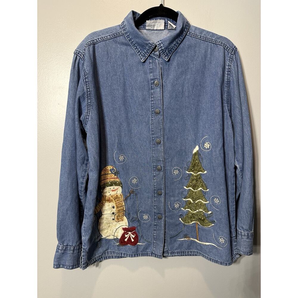 Snowman Jean Shirt Endless Design Women’s Medium Winter Tree Blue Button Down